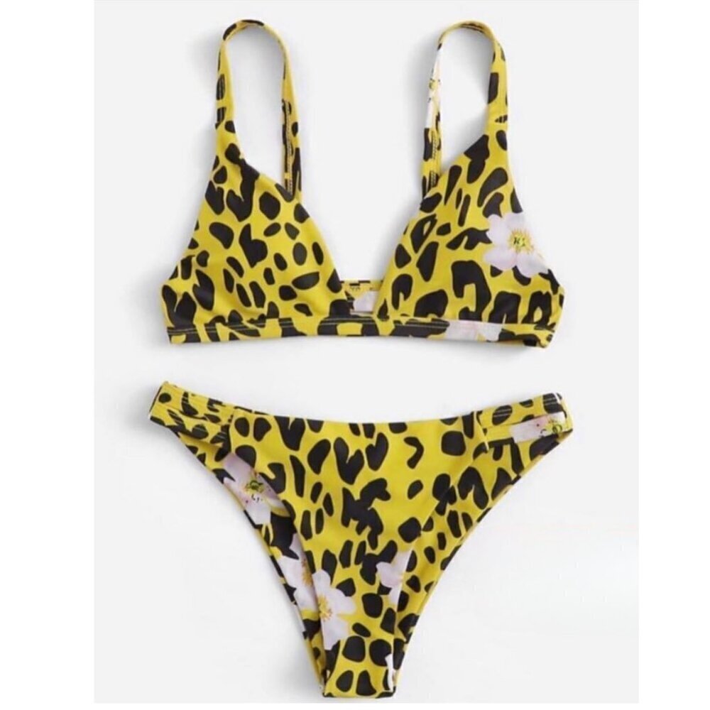 Animal Print Bikini with Baby Pink Flowers, Size L